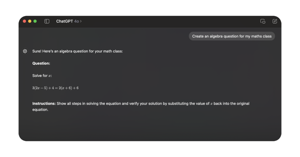 Image of ChatGPT creating an algebra question for a maths class.