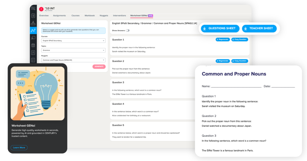 Images take from the CENTURY platform showing the interface for Worksheet GENai.