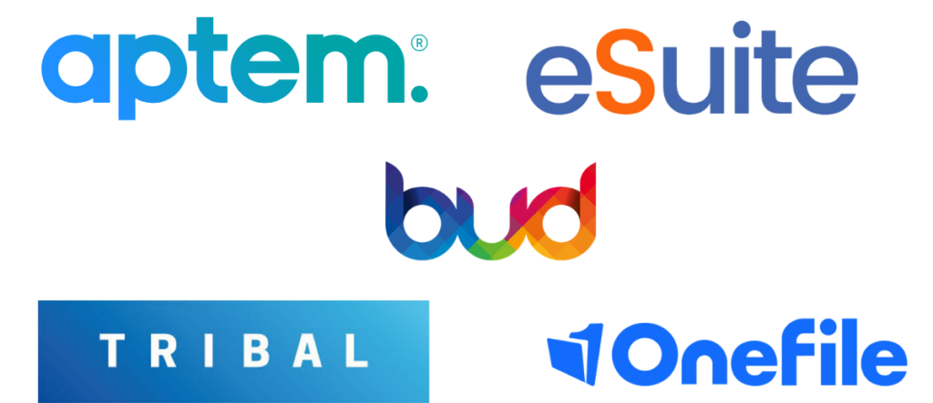 Logos of Aptem, eSuite, Bud, Tribal and OneFile, CENTURY's LMS integration partners for training providers